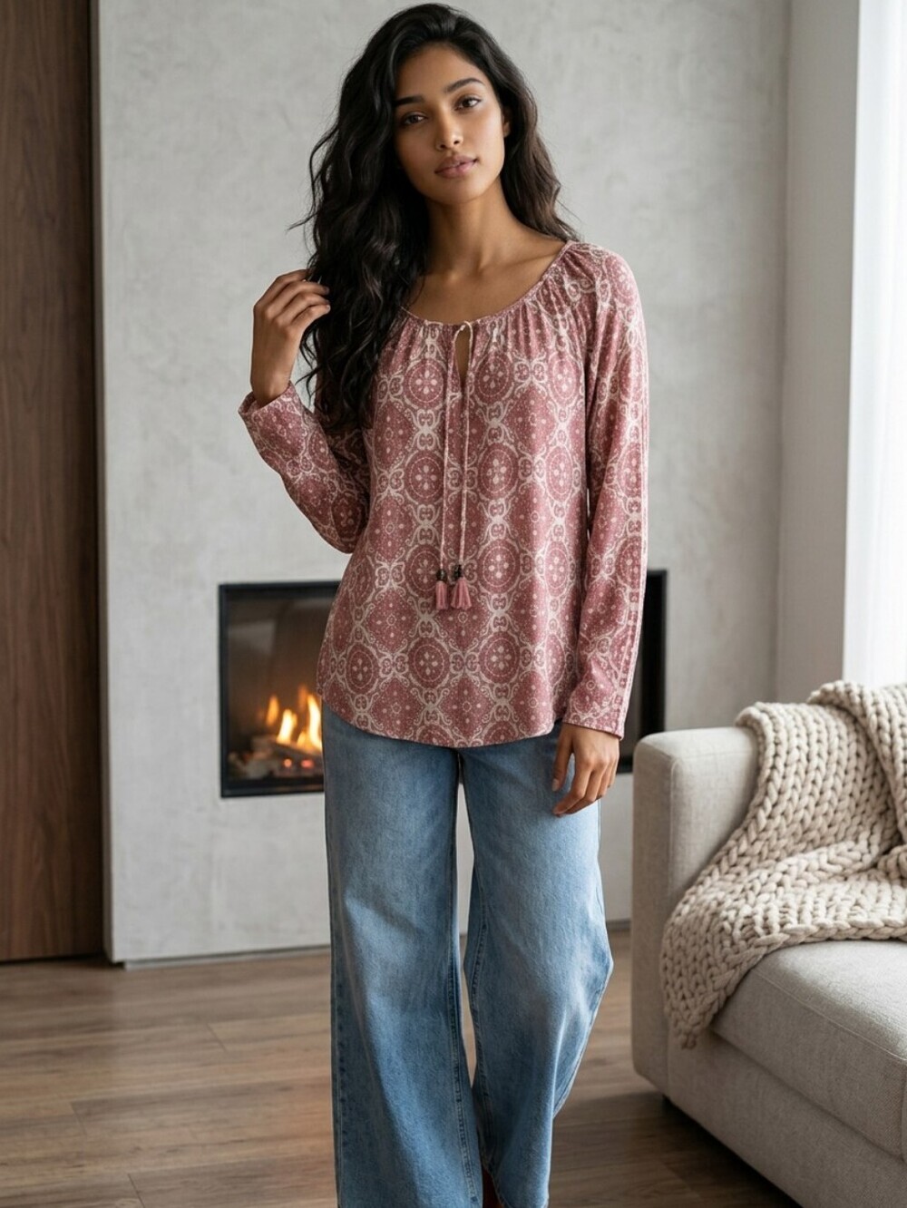 Lovestitch Boho Peasant Blouse Pinkish-Red Medallion w Tassles Sz M